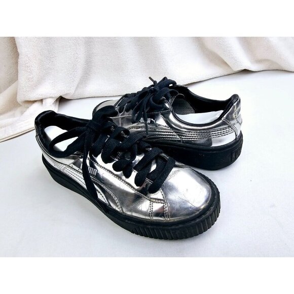 Puma Size 6 Womens Silver patent Leather Low Lace Platform Logo Fashion Sneakers - Picture 5 of 11
